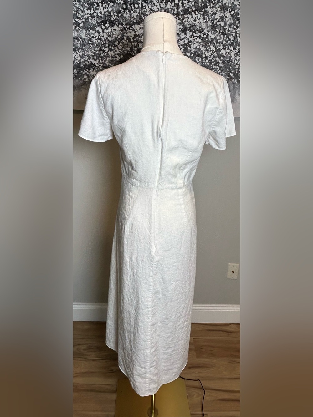 Madewell White linen blend Button-Front V-Neck Midi Dress short sleeve size 4 - Picture 8 of 14